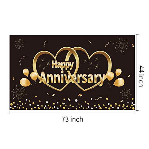 Kauayurk Happy Anniversary Banner Backdrop Decorations, Extra Large Wedding Anniversary Party Poster Supplies, Black Gold Anniversary Decor Photo Booth for Outdoor Indoor(6X3.6ft)