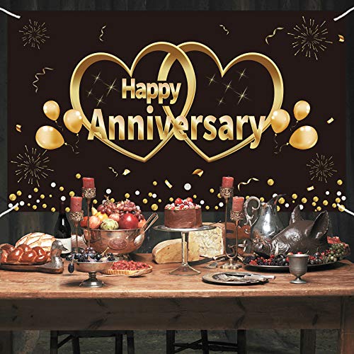 Kauayurk Happy Anniversary Banner Backdrop Decorations, Extra Large Wedding Anniversary Party Poster Supplies, Black Gold Anniversary Decor Photo Booth for Outdoor Indoor(6X3.6ft)