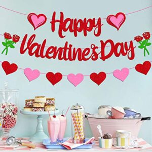 Happy Valentine’s Day Banner Romanic Red Heart Garland for Women Girls Valentine’s Day Themed Anniversary Wedding Engagement Bridal Shower Party Supplies Glitter Decorations