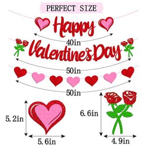 Happy Valentine’s Day Banner Romanic Red Heart Garland for Women Girls Valentine’s Day Themed Anniversary Wedding Engagement Bridal Shower Party Supplies Glitter Decorations