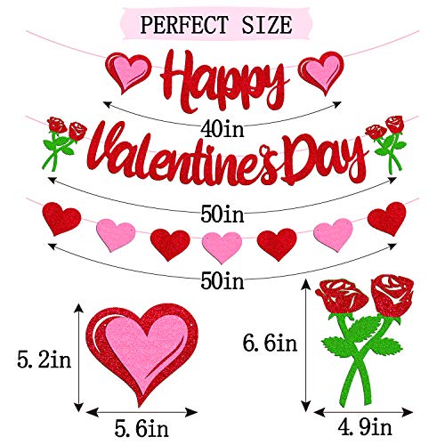 Happy Valentine’s Day Banner Romanic Red Heart Garland for Women Girls Valentine’s Day Themed Anniversary Wedding Engagement Bridal Shower Party Supplies Glitter Decorations