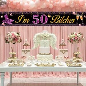 MEFENG Large I’m 50 Bitches Purple Gold Birthday Banner, Purple Gold Banner,50 Years Old Birthday Photo Booth Backdrop Supplies Happy Fifty Yard Sign Party Supplies