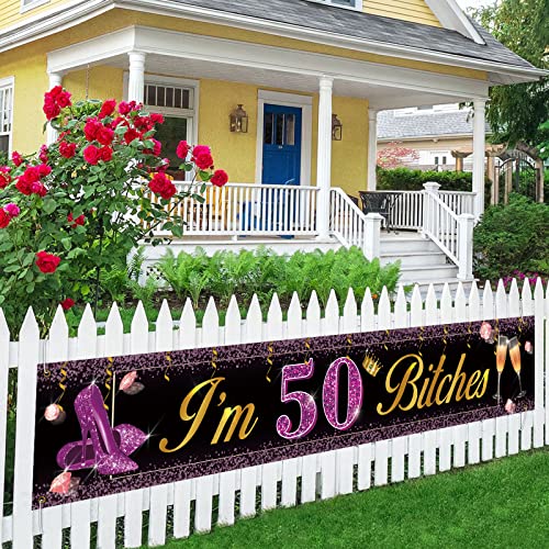 MEFENG Large I’m 50 Bitches Purple Gold Birthday Banner, Purple Gold Banner,50 Years Old Birthday Photo Booth Backdrop Supplies Happy Fifty Yard Sign Party Supplies