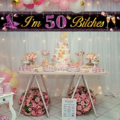 MEFENG Large I’m 50 Bitches Purple Gold Birthday Banner, Purple Gold Banner,50 Years Old Birthday Photo Booth Backdrop Supplies Happy Fifty Yard Sign Party Supplies