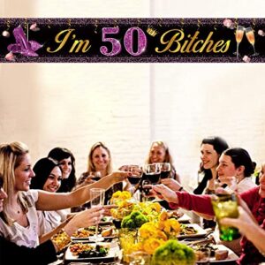 MEFENG Large I’m 50 Bitches Purple Gold Birthday Banner, Purple Gold Banner,50 Years Old Birthday Photo Booth Backdrop Supplies Happy Fifty Yard Sign Party Supplies