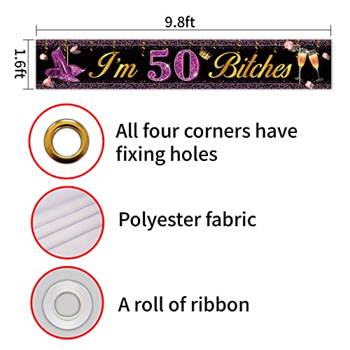 MEFENG Large I’m 50 Bitches Purple Gold Birthday Banner, Purple Gold Banner,50 Years Old Birthday Photo Booth Backdrop Supplies Happy Fifty Yard Sign Party Supplies