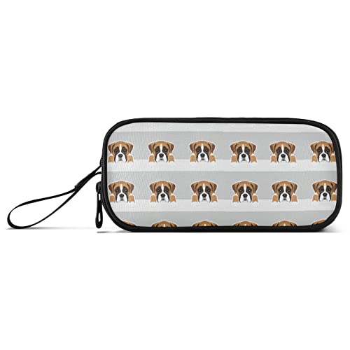 Boxer Dog Face Heads Seamless on White Grey Pencil Case, Pen Marker Stationery Bag Holder Pencil Bag Storage Pouch for School College Zipper Pouch Case Office Portable