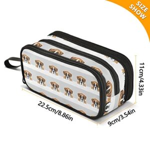 Boxer Dog Face Heads Seamless on White Grey Pencil Case, Pen Marker Stationery Bag Holder Pencil Bag Storage Pouch for School College Zipper Pouch Case Office Portable