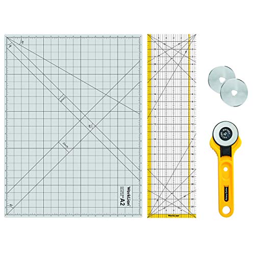 WORKLION Rotary Cutting Mat Set:45mm Rotary Cutter & 2 Replacement Rolling Blades & 18"x 24" inch Self-Healing Cutting Mat & 6.5"x 24.5" inch Clear Acrylic Ruler for Quilting&Sewing and Craft Projects