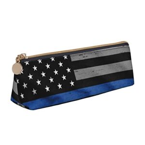 DCARSETCV American Thin Blue Line Flag Pencil Case Cute Pen Case Triangle Leather Pencil Pouch Office Pencil Box Bag Gifts For Adults Teen School Girls Boys