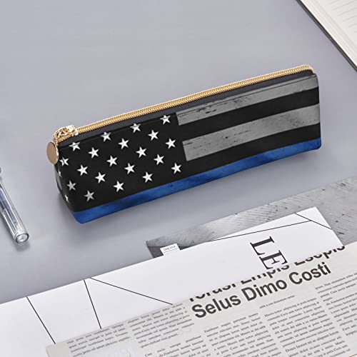 DCARSETCV American Thin Blue Line Flag Pencil Case Cute Pen Case Triangle Leather Pencil Pouch Office Pencil Box Bag Gifts For Adults Teen School Girls Boys