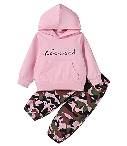 Toddler Baby Girl Winter Outfits Blessed Printed Hooded Top + Camouflage Pants 2pcs Clothes Set Tracksuit