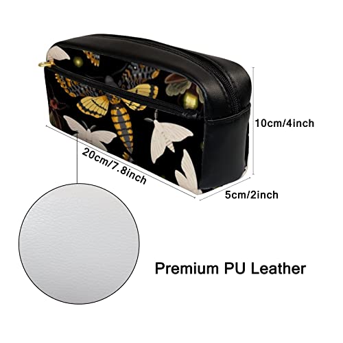 Kuizee Pencil Case Pouch Pen Bag Flying Moths Zipper Pen Cases Organizer PU Leather Comestic Makeup Bag 7.8 Inch