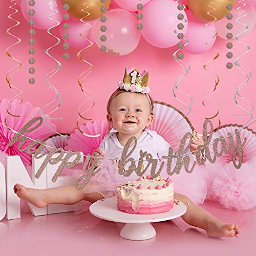 Rose Gold and Silver Birthday Party Decoration- Happy Birthday Banner Rose Gold Glitter Circle Dots Garland and Rose Gold & Silver Hanging Swirls,Birthday Decorations for Women,Baby Shower Party Decorations Supplies