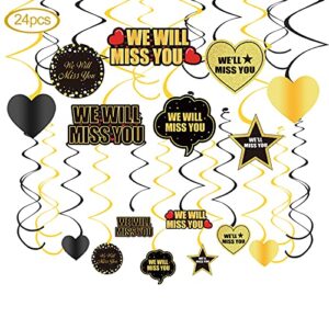 lnlofen we will miss you hanging swirls going away party decorations, 24pcs black gold farewell party hanging swirl decor supplies, great for good bye party retirement office work party