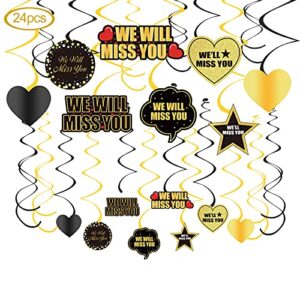 Lnlofen We Will Miss You Hanging Swirls Going Away Party Decorations, 24pcs Black Gold Farewell Party Hanging Swirl Decor Supplies, Great for Good Bye Party Retirement Office Work Party