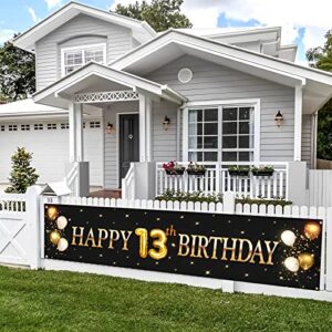 kimini-ki happy 13th birthday banner, lager 13th birthday banner backdrops, official teenager banner, 13th years old decor, 13th birthday party decorations for boys or girls – black and gold (13th)