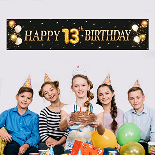 Kimini-Ki Happy 13th Birthday Banner, Lager 13th Birthday Banner Backdrops, Official Teenager Banner, 13th Years Old Decor, 13th Birthday Party Decorations for Boys or Girls - Black and Gold (13th)