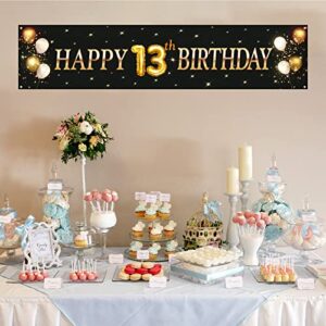 Kimini-Ki Happy 13th Birthday Banner, Lager 13th Birthday Banner Backdrops, Official Teenager Banner, 13th Years Old Decor, 13th Birthday Party Decorations for Boys or Girls - Black and Gold (13th)