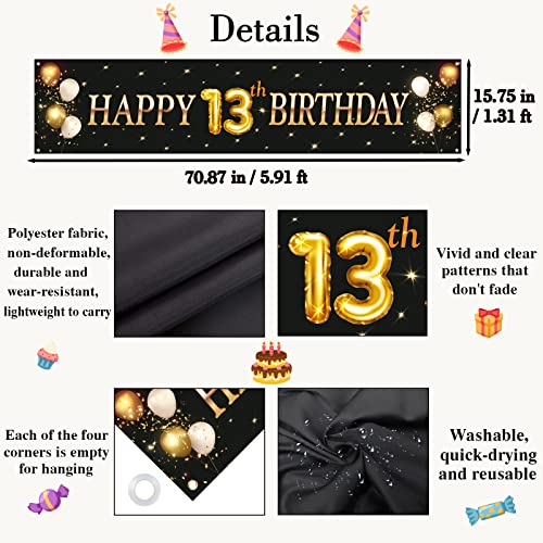 Kimini-Ki Happy 13th Birthday Banner, Lager 13th Birthday Banner Backdrops, Official Teenager Banner, 13th Years Old Decor, 13th Birthday Party Decorations for Boys or Girls - Black and Gold (13th)