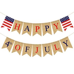 whaline happy 4th of july banner patriotic burlap bunting no diy required american flag usa banner garland independence day decoration for home party mantel fireplace supplies
