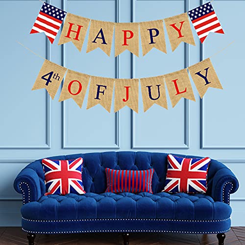 Whaline Happy 4th of July Banner Patriotic Burlap Bunting No DIY Required American Flag USA Banner Garland Independence Day Decoration for Home Party Mantel Fireplace Supplies