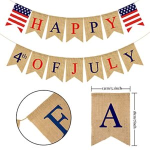 Whaline Happy 4th of July Banner Patriotic Burlap Bunting No DIY Required American Flag USA Banner Garland Independence Day Decoration for Home Party Mantel Fireplace Supplies