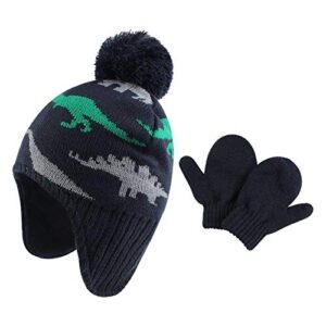 Duoyeree Baby Boy Winter Hat Dinosaur Warm Mittens Set Newborn Pompom Beanie Gloves Toddler Fleecce Earflaps Caps Grass Green