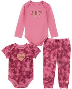 juicy couture baby girls 3 pieces bodysuits pant baby and toddler layette set, cashmere rose/berry red, 12m us