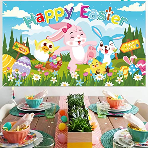 HOWAF Large Fabric Easter Party Decorations, Happy Easter Egg Bunny Hunt Banner and Chick Sign Easter Hunt Game Banner Poster for Photo Booth Backdrop with Rope for Spring Easter Party Supplies