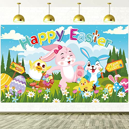 HOWAF Large Fabric Easter Party Decorations, Happy Easter Egg Bunny Hunt Banner and Chick Sign Easter Hunt Game Banner Poster for Photo Booth Backdrop with Rope for Spring Easter Party Supplies