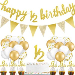 skylety 51 pieces 6 months birthday decorations happy half birthday banner 6 month cupcake topper pick 1/2 half year cake topper triangle flag banner confetti balloons for girl boy baby shower (gold)
