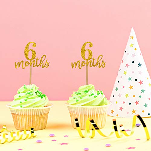 Skylety 51 Pieces 6 Months Birthday Decorations Happy Half Birthday Banner 6 Month Cupcake Topper Pick 1/2 Half Year Cake Topper Triangle Flag Banner Confetti Balloons for Girl Boy Baby Shower (Gold)