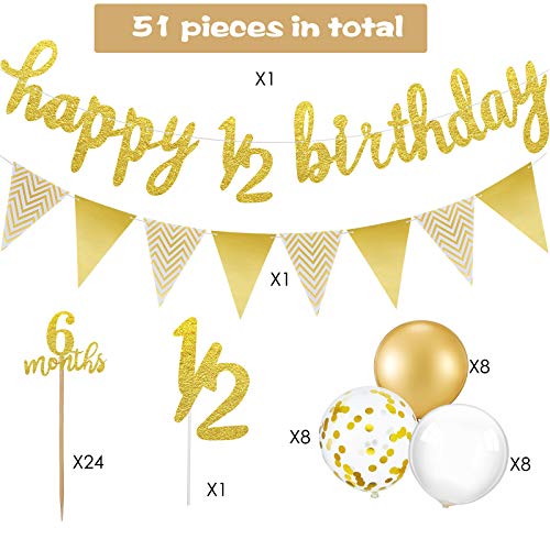 Skylety 51 Pieces 6 Months Birthday Decorations Happy Half Birthday Banner 6 Month Cupcake Topper Pick 1/2 Half Year Cake Topper Triangle Flag Banner Confetti Balloons for Girl Boy Baby Shower (Gold)