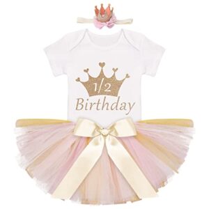 my 1/2 1st birthday outfit baby girls shiny crown romper + ruffle tulle skirt + sequins crown flower headband glitter party dress up 3pcs photo cake smash clothes set gold 1/2 birthday 3-6 months