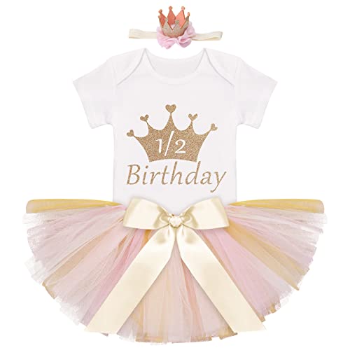 My 1/2 1st Birthday Outfit Baby Girls Shiny Crown Romper + Ruffle Tulle Skirt + Sequins Crown Flower Headband Glitter Party Dress up 3PCS Photo Cake Smash Clothes Set Gold 1/2 Birthday 3-6 Months