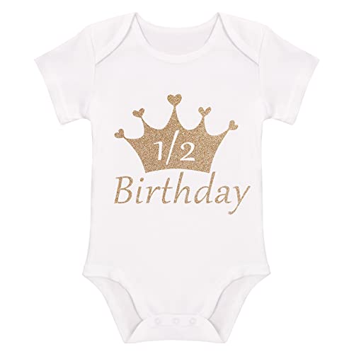 My 1/2 1st Birthday Outfit Baby Girls Shiny Crown Romper + Ruffle Tulle Skirt + Sequins Crown Flower Headband Glitter Party Dress up 3PCS Photo Cake Smash Clothes Set Gold 1/2 Birthday 3-6 Months