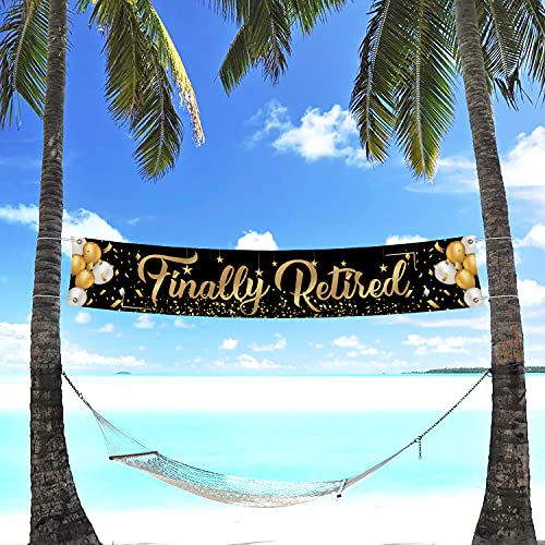 Finally Retired Large Banner, Happy Retirement Yard Sign Lawn Sign, Gold and Black Retirement Party Outdoor Indoor Backdrop 9.8 x 1.6 Feet