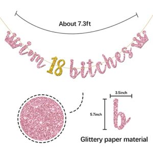 Pink Gold I'm 18 Bitches Banner - Happy 18th Birthday Banner for Girls, Cheers to 18 Years Party Decorations Glitter