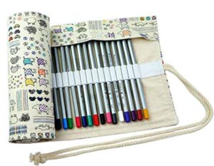 creoogo colored pencils case wrap roll holder for artist adult coloring travel portable canvas storage organizer with a build-in pouch lovely animals 72 loops