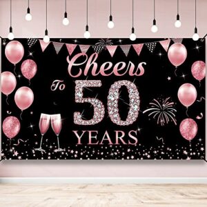 happy 50th birthday decorations for women, cheers to 50 years backdrop banner, rose gold 50th birthday party yard banner, 50th wedding anniversary decoration banner for outdoor indoor, vicycaty