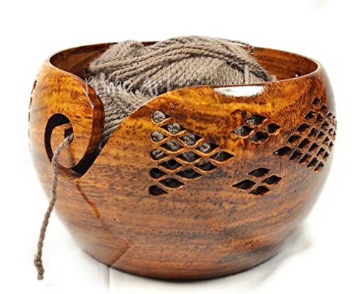 Prime Art Handmade Premium Quality Rosewood Wooden Yarn Bowl for Knitting and Crochet - Ideal for Gifting (7x4)