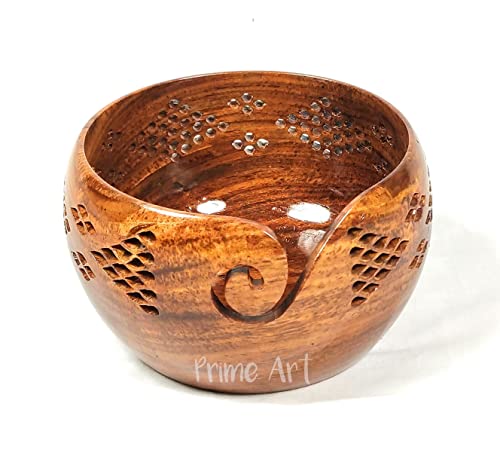 Prime Art Handmade Premium Quality Rosewood Wooden Yarn Bowl for Knitting and Crochet - Ideal for Gifting (7x4)