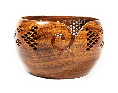 Prime Art Handmade Premium Quality Rosewood Wooden Yarn Bowl for Knitting and Crochet - Ideal for Gifting (7x4)