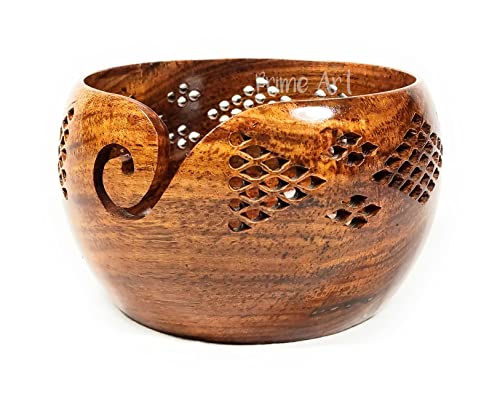 Prime Art Handmade Premium Quality Rosewood Wooden Yarn Bowl for Knitting and Crochet - Ideal for Gifting (7x4)