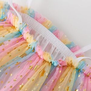 AGQT Toddler Girls Tutu Dress Sleeveless Kids Tulle Tutu Dress Birthday Party Babydoll Dresses Star-Yellow Rainbow Size 2-3T