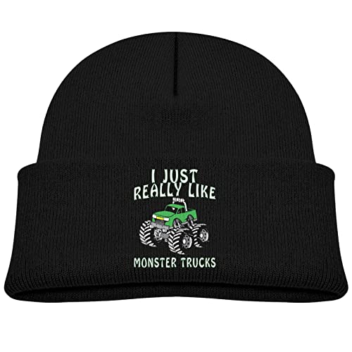 I Just Really Like Monster Trucks Kids Hat Knitted Beanie Skull Warm Winter Unisex for Baby Cuffed Beanie Cap black