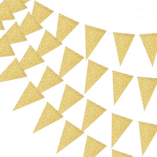 MerryNine Triangle Flag Bunting Banner, 3 Pack 30 Feet Vintage Style Pennant Banner for Wedding, Baby Shower, Event & Party Supplies 45pcs Flags (Triangle Flag - Gold Glitter)