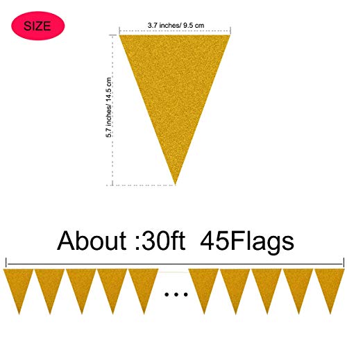 MerryNine Triangle Flag Bunting Banner, 3 Pack 30 Feet Vintage Style Pennant Banner for Wedding, Baby Shower, Event & Party Supplies 45pcs Flags (Triangle Flag - Gold Glitter)