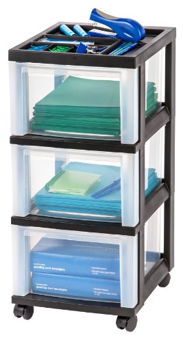 IRIS USA MC-303-TOP Plastic Storage Drawer, Rolling Cart with Organizer Top, 3, Black